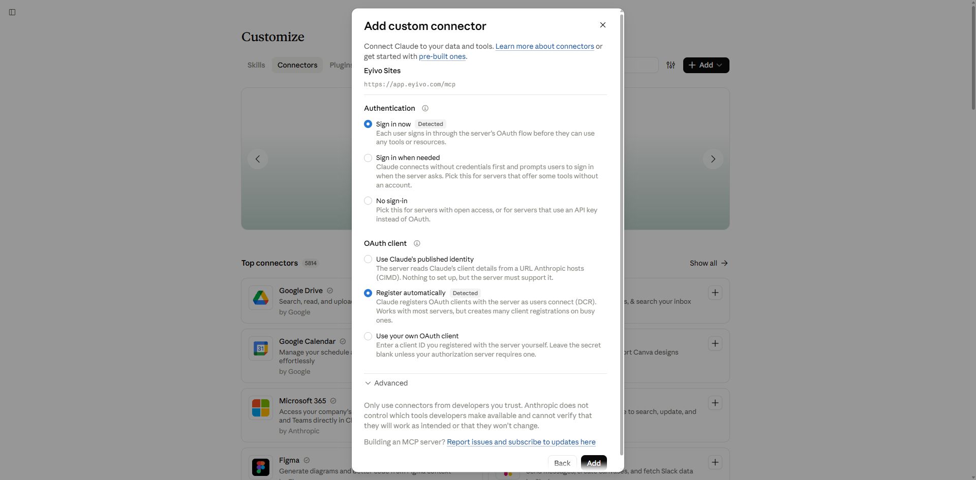 3. Choose sign-in and automatic registration — connection walkthrough