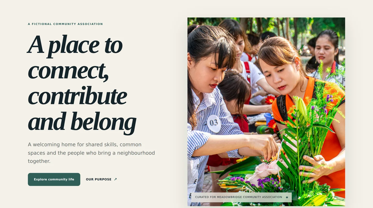 Screenshot of the Meadowbridge Community Association live demonstration website
