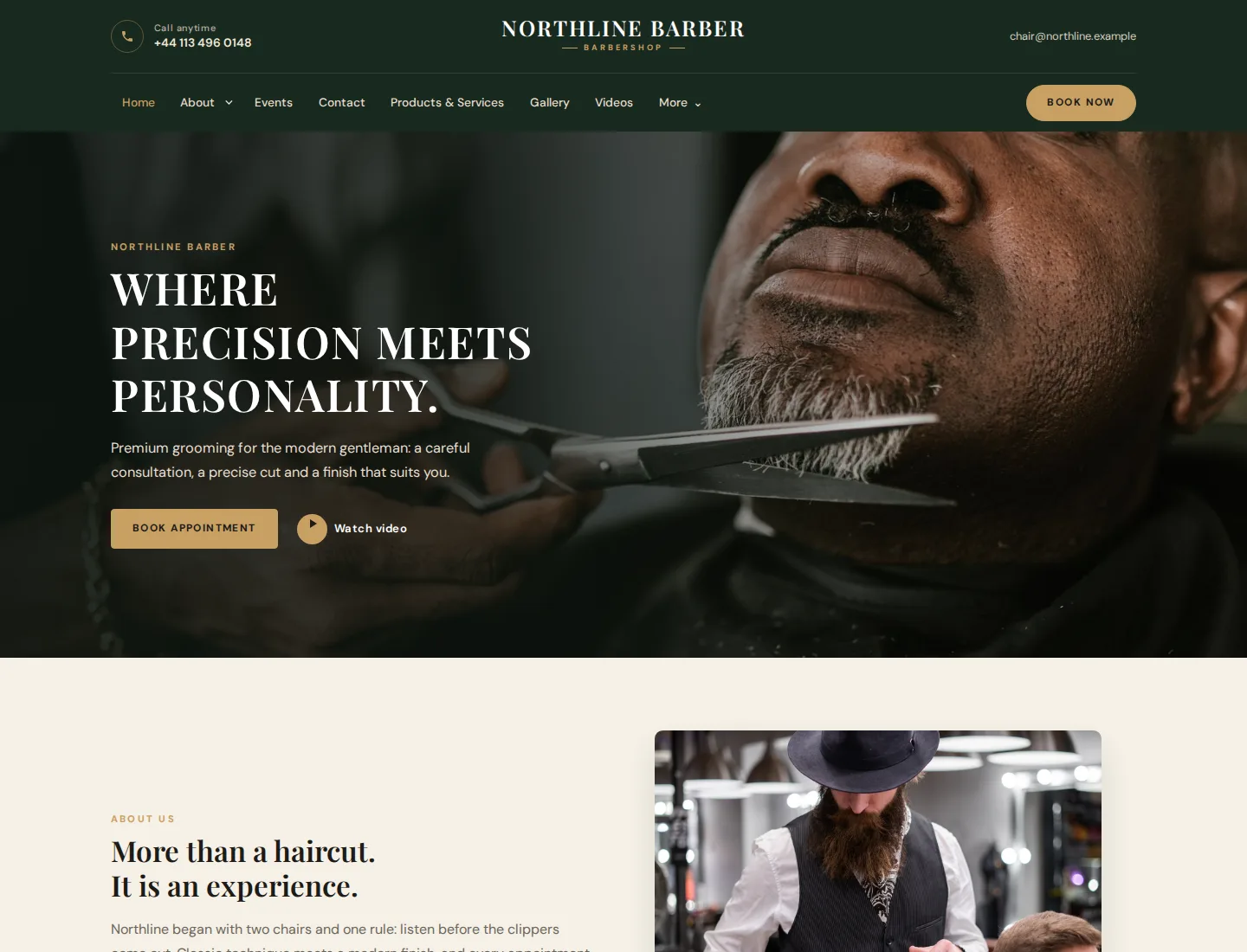 Barbershop template preview. An example company site rendered with this template.