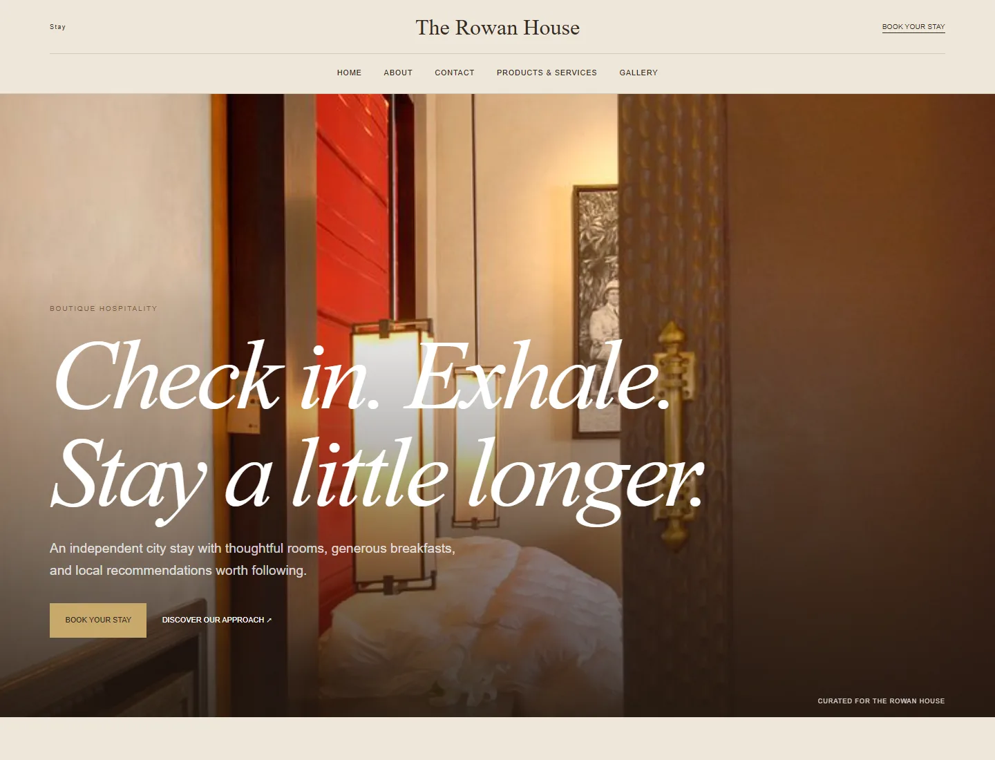 Boutique Hotel template preview. An example company site rendered with this template.