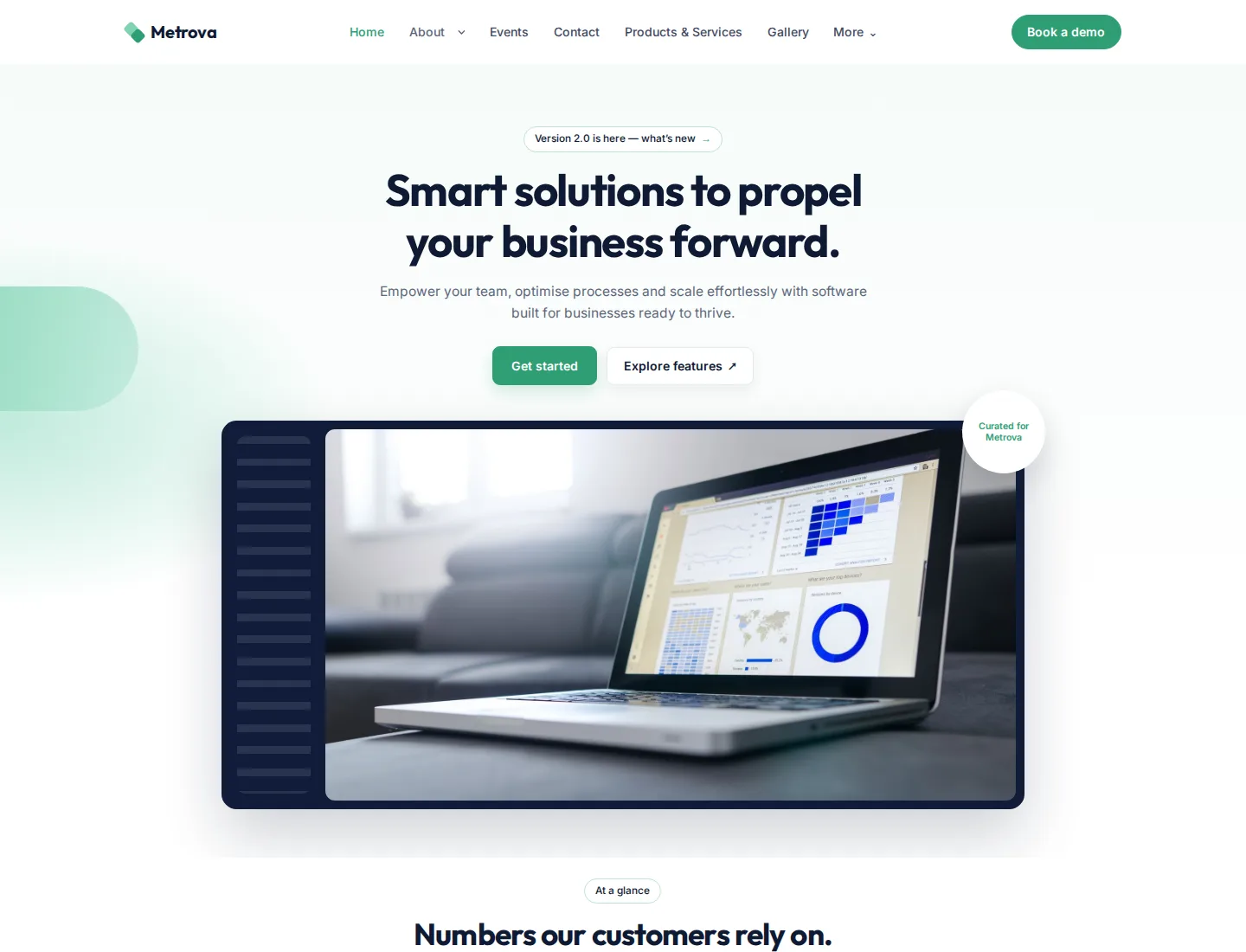 Business Analytics SaaS template preview. An example company site rendered with this template.
