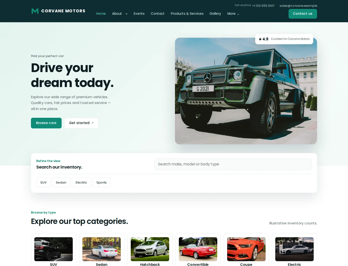 Car Dealership template preview. An example company site rendered with this template.