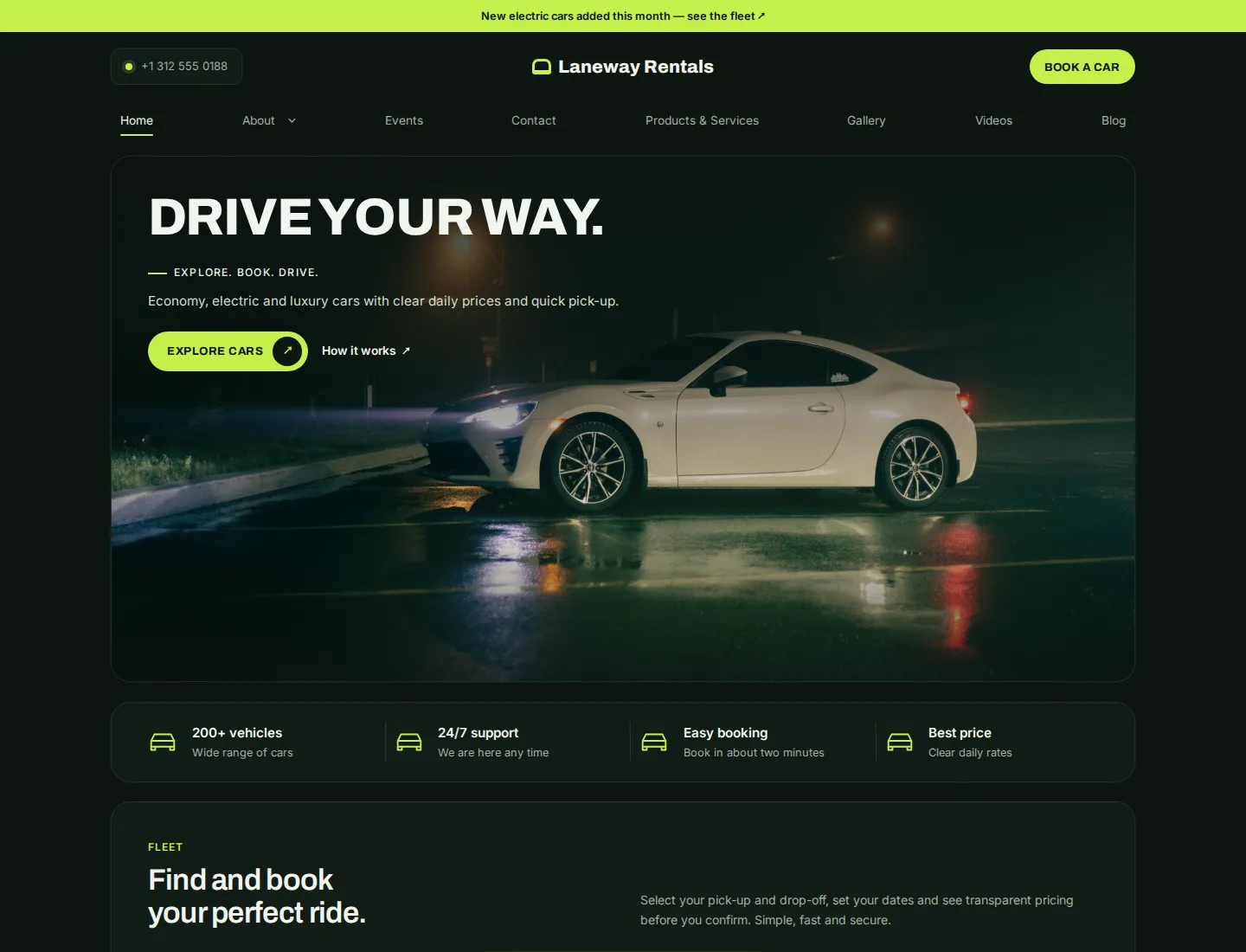 Car Rental template preview. An example company site rendered with this template.