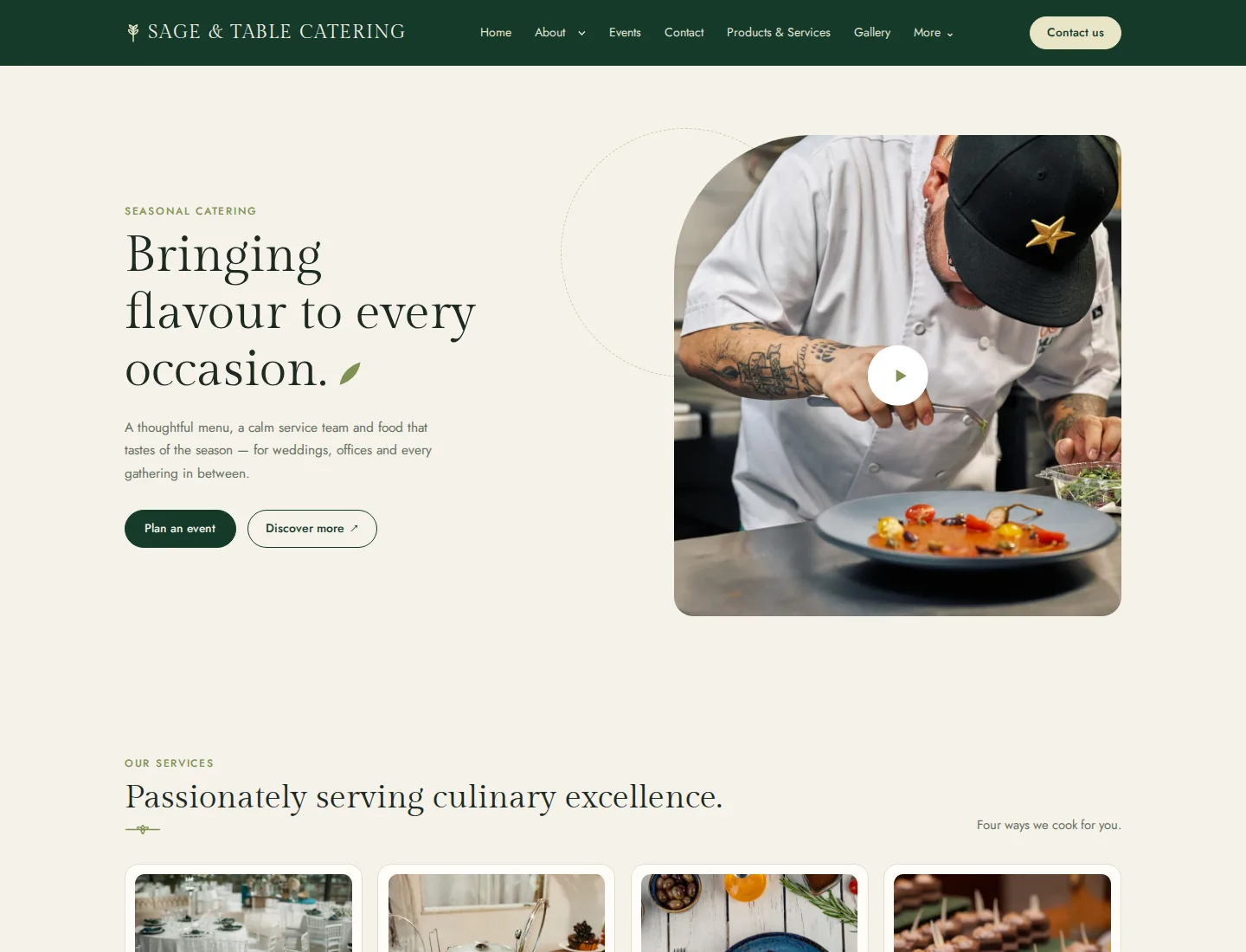 Catering Services template preview. An example company site rendered with this template.