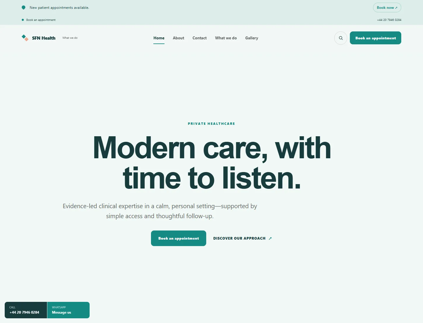 Clinic template preview. An example company site rendered with this template.
