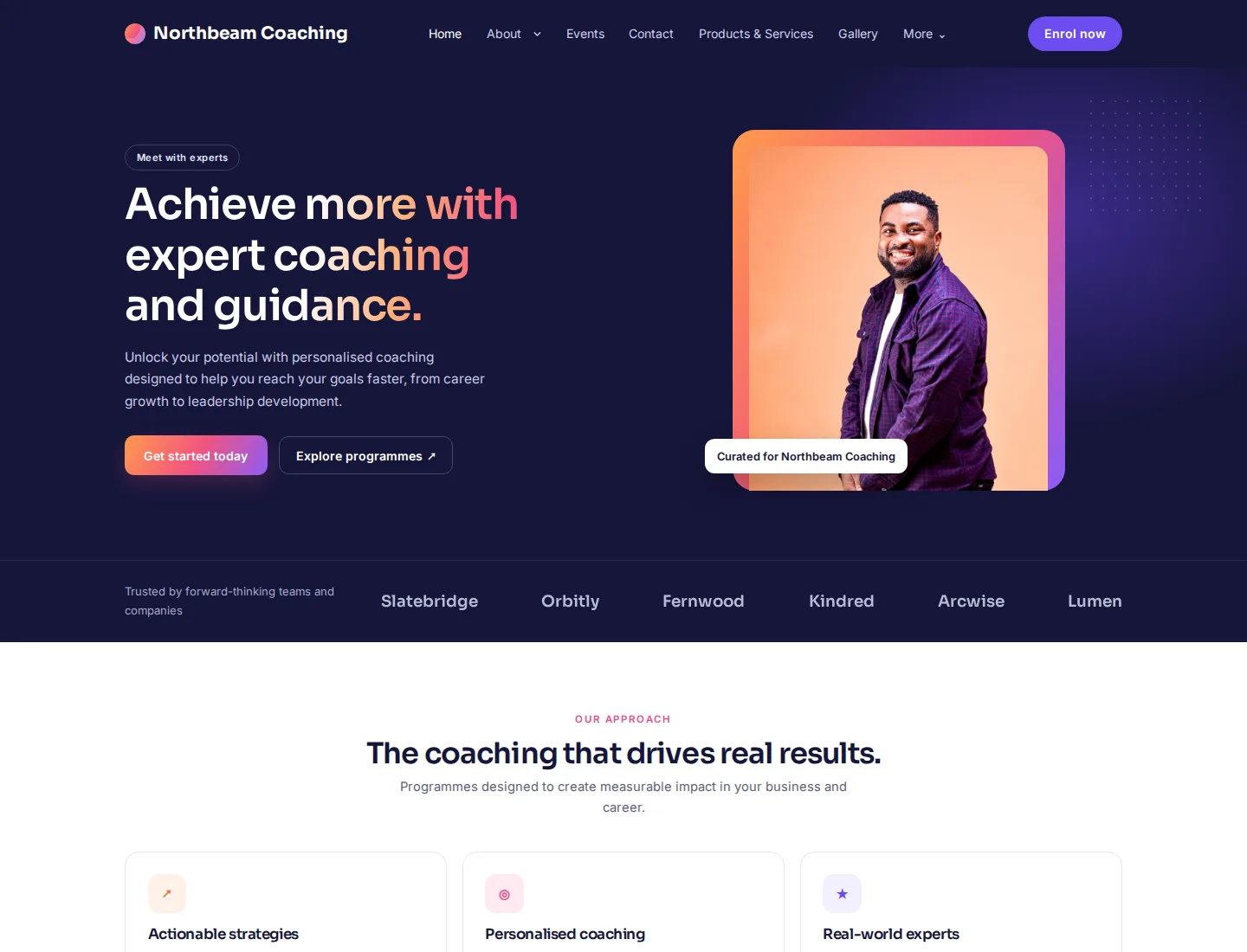Coaching & Consulting template preview. An example company site rendered with this template.