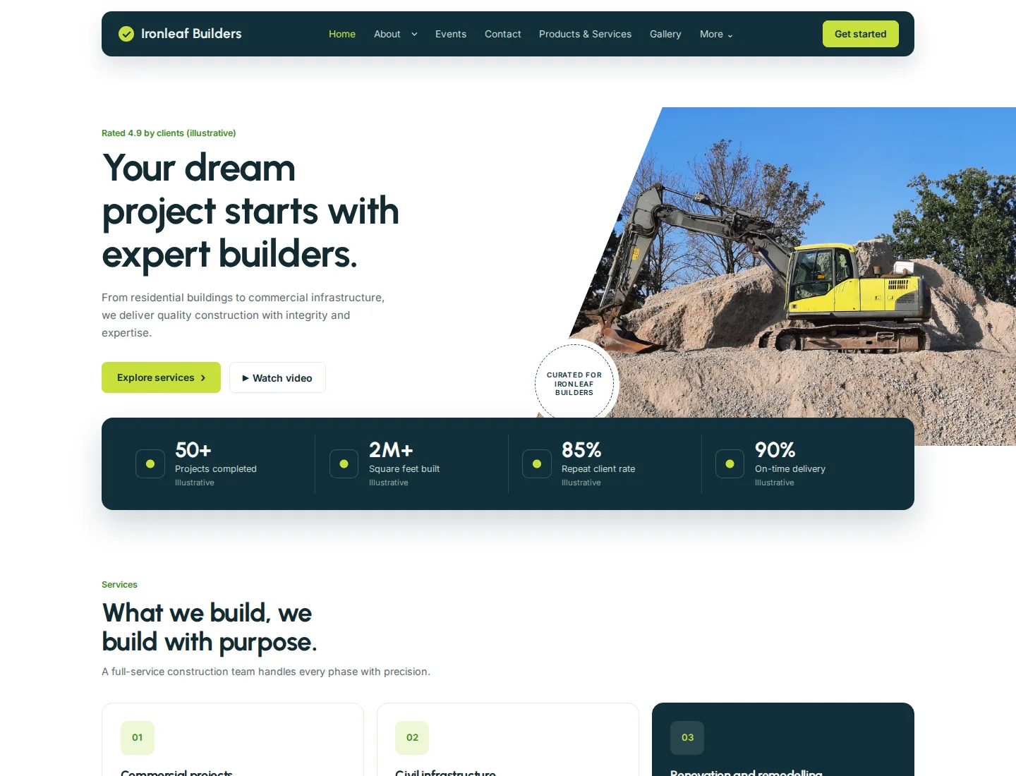 Construction Company template preview. An example company site rendered with this template.