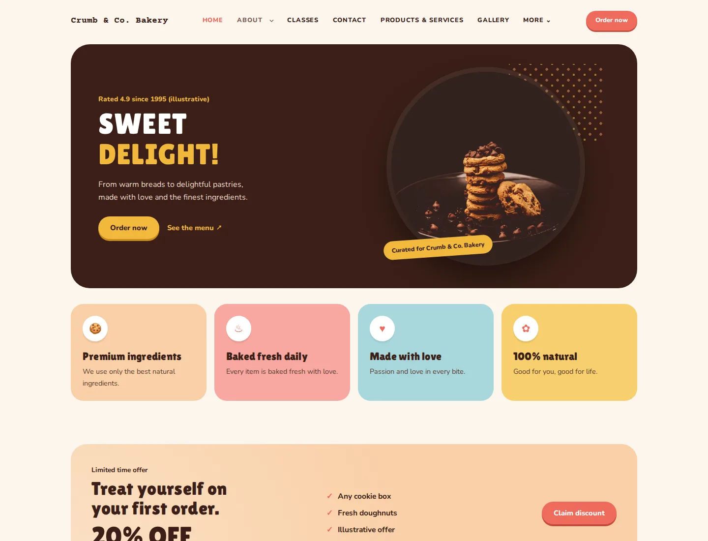 Cookie Bakery template preview. An example company site rendered with this template.