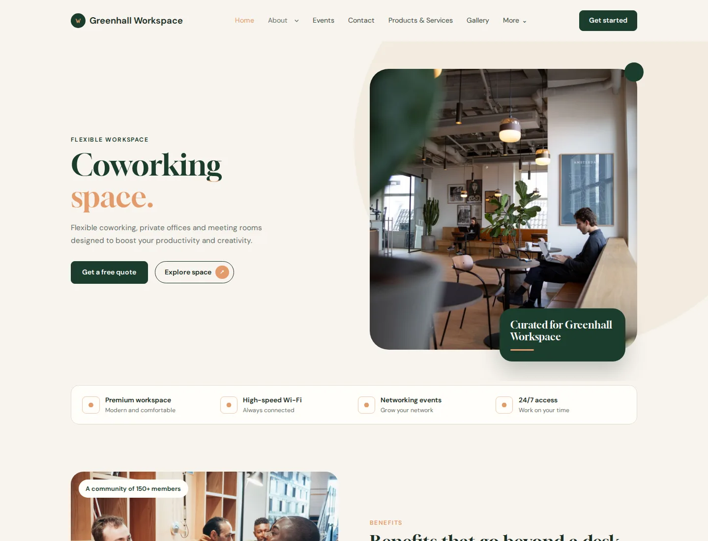 Coworking Space template preview. An example company site rendered with this template.