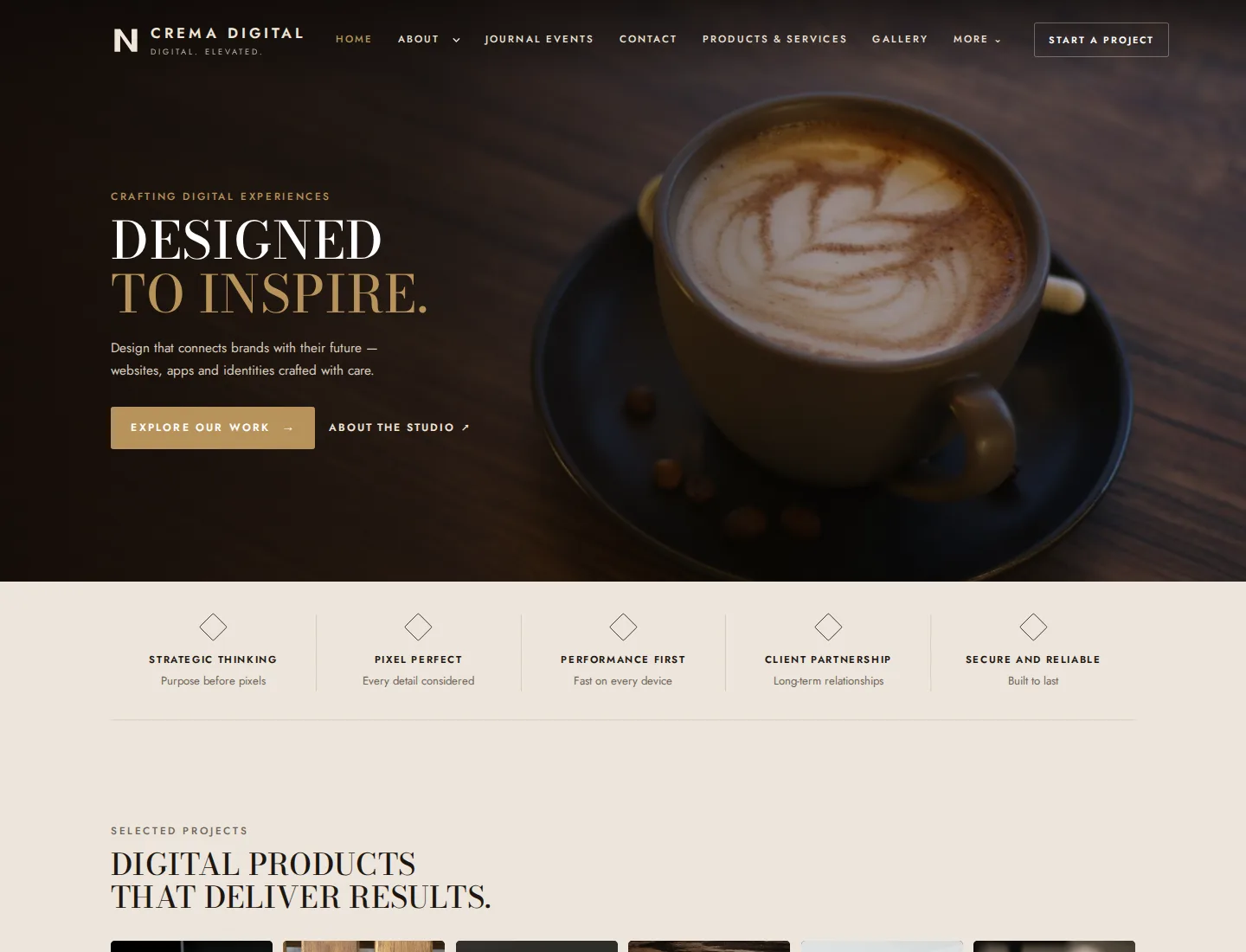Creative Studio Coffee template preview. An example company site rendered with this template.