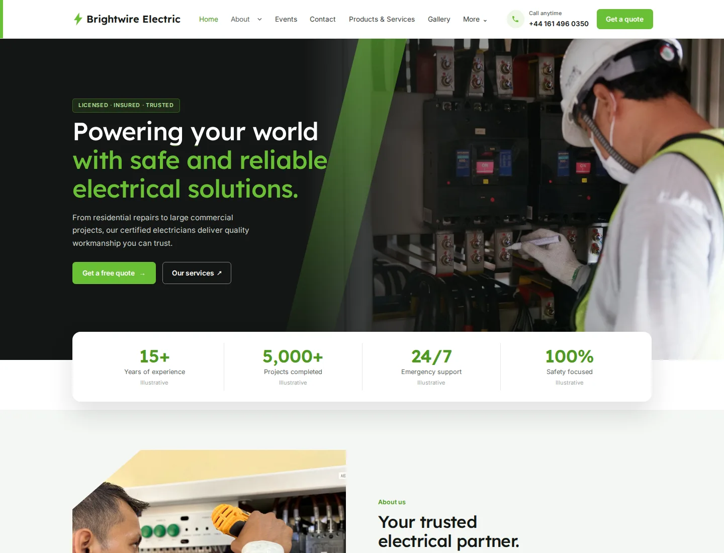 Electrical Services template preview. An example company site rendered with this template.