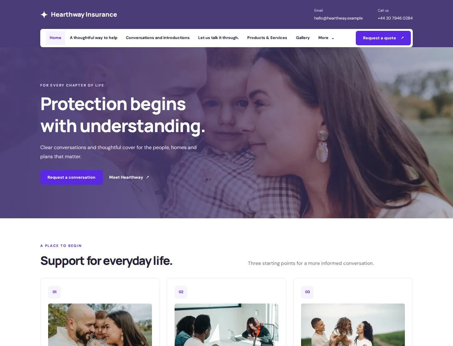 Family Insurance template preview. An example company site rendered with this template.