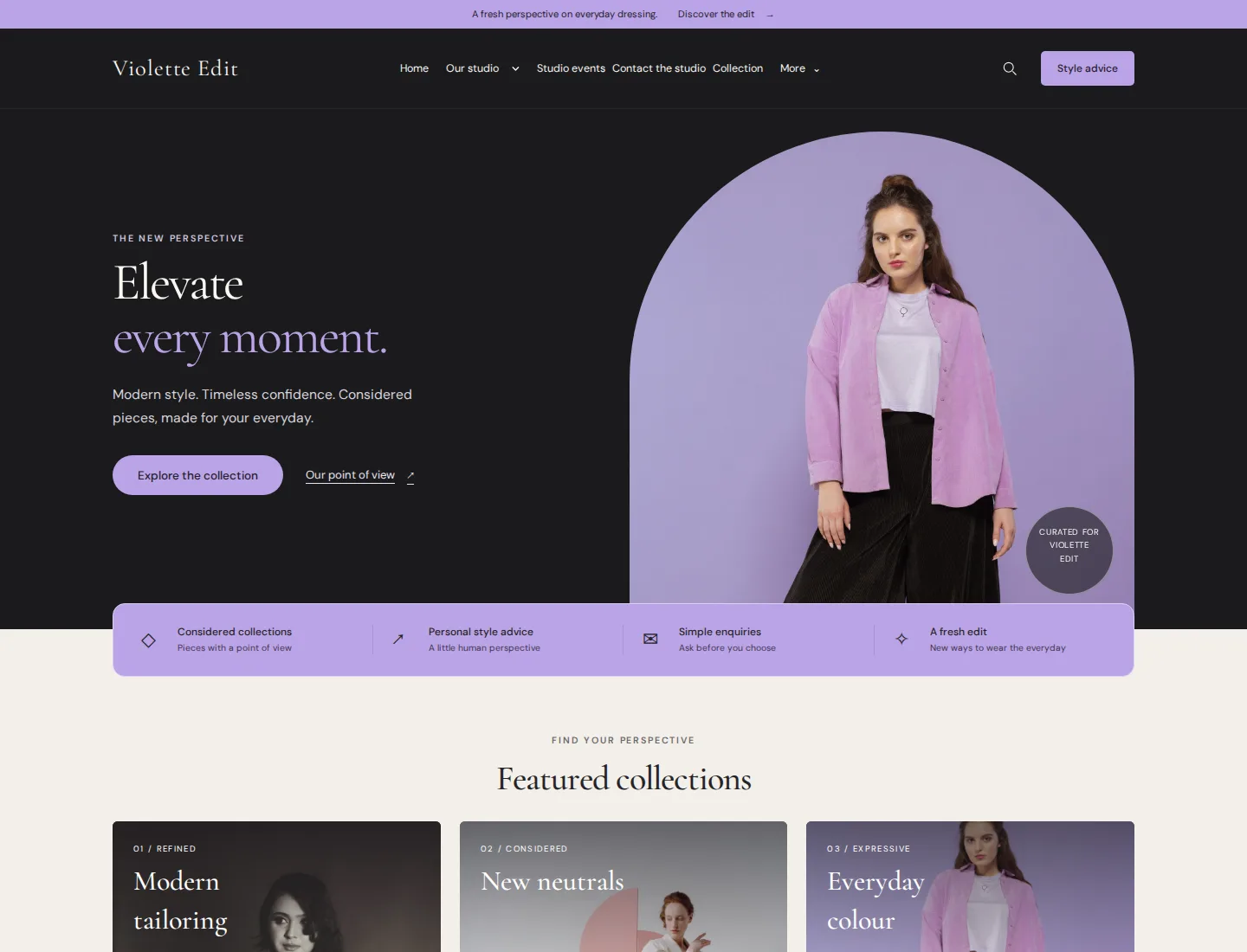 Fashion Store Lavender template preview. An example company site rendered with this template.