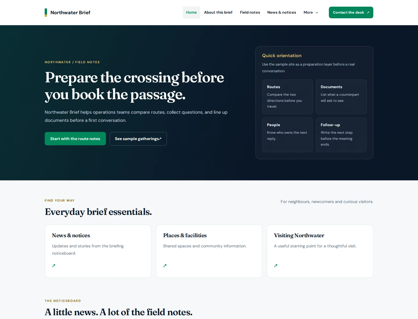Field Guide template preview. An example company site rendered with this template.