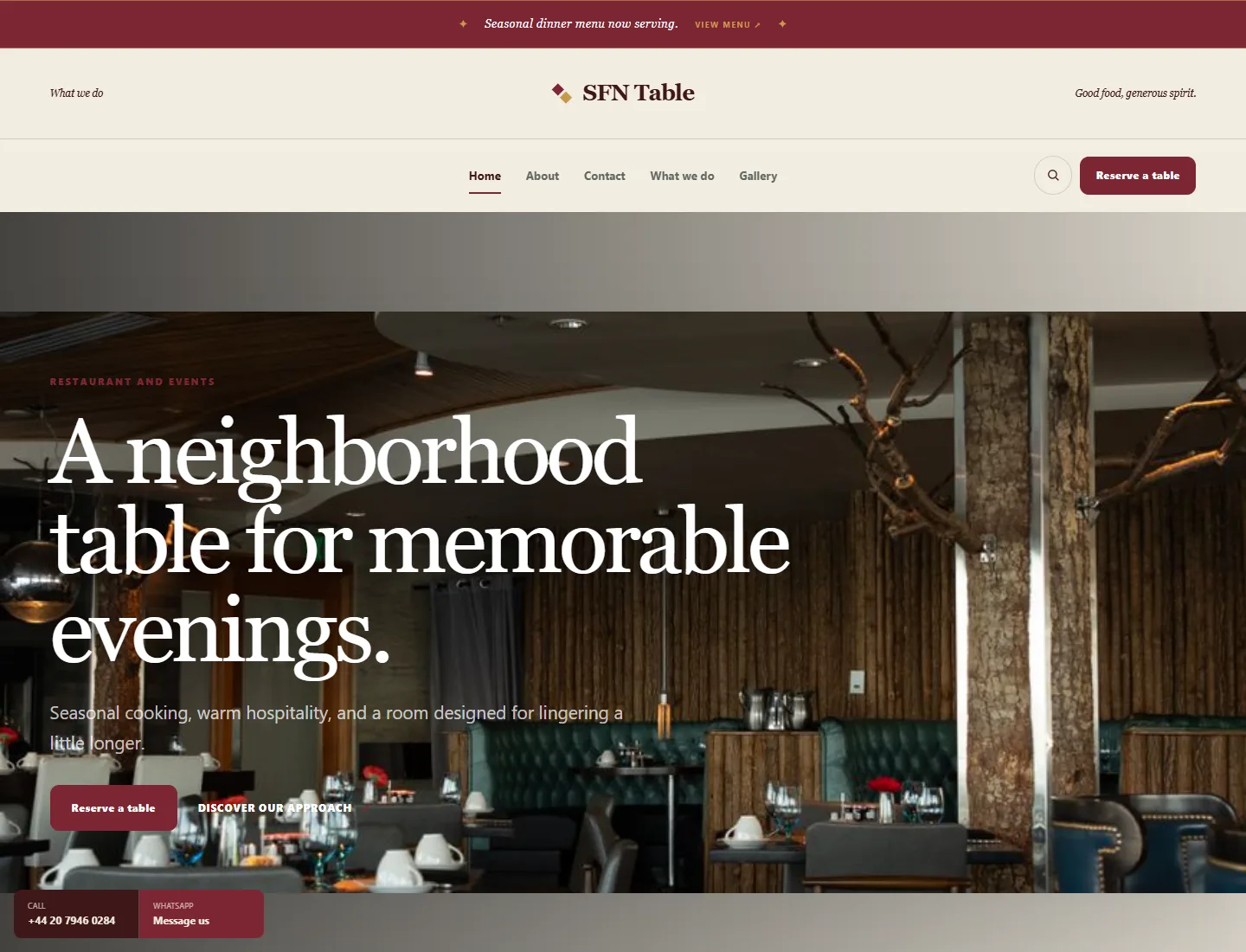 Food & Venue template preview. An example company site rendered with this template.