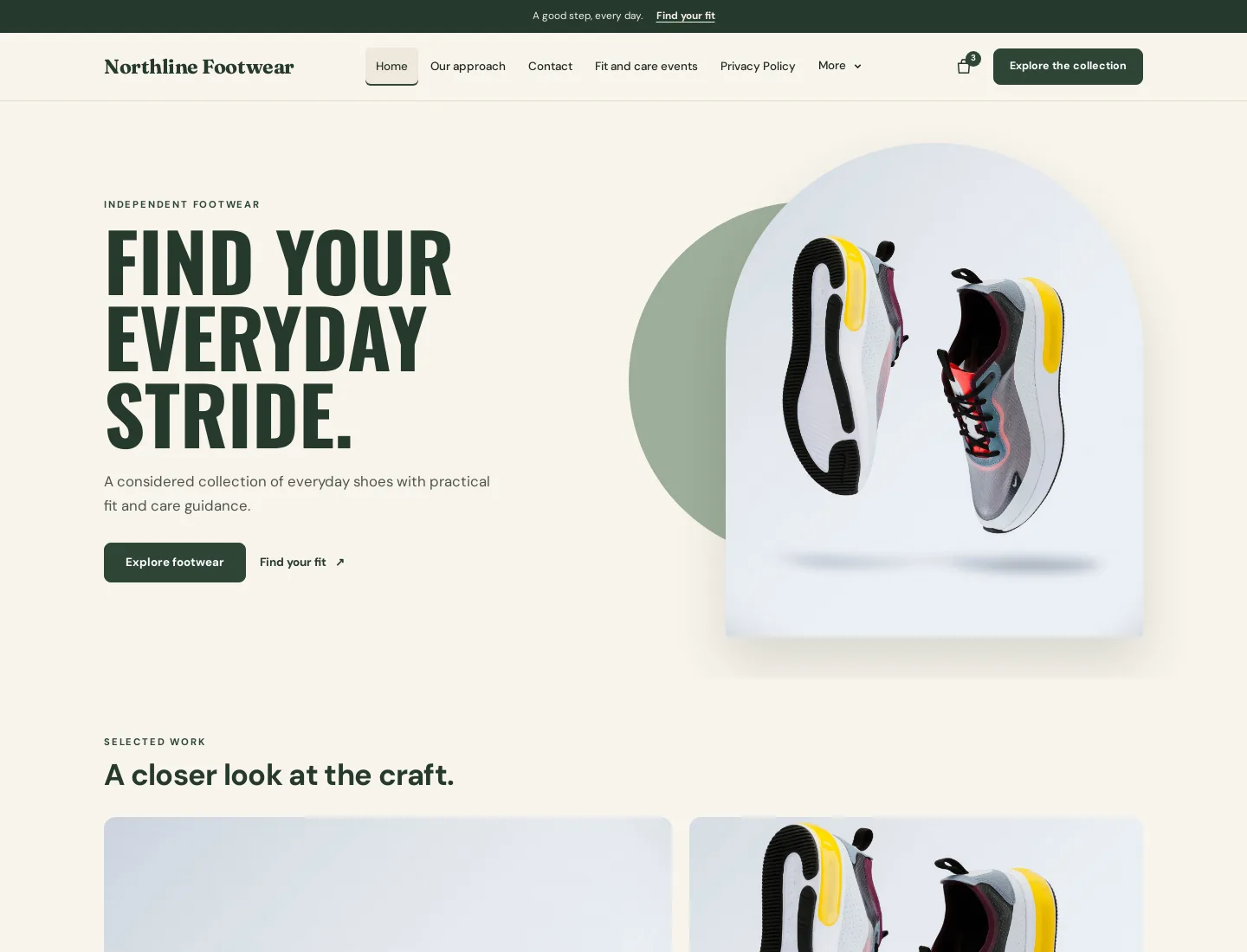 Footwear Store template preview. An example company site rendered with this template.