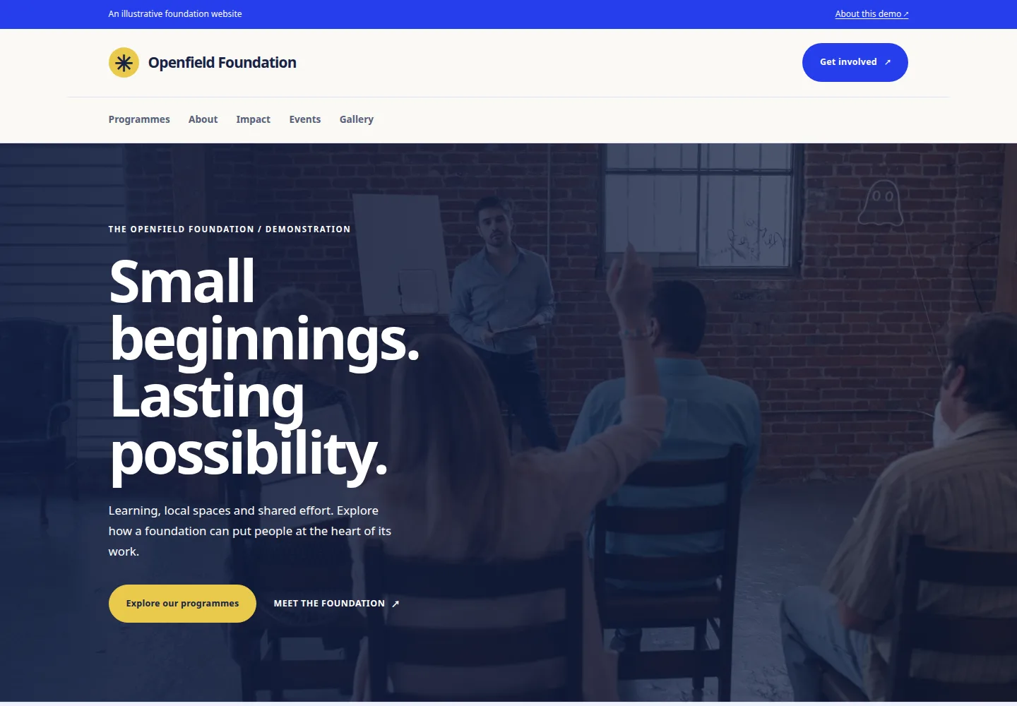 Foundation Impact template preview. An example company site rendered with this template.