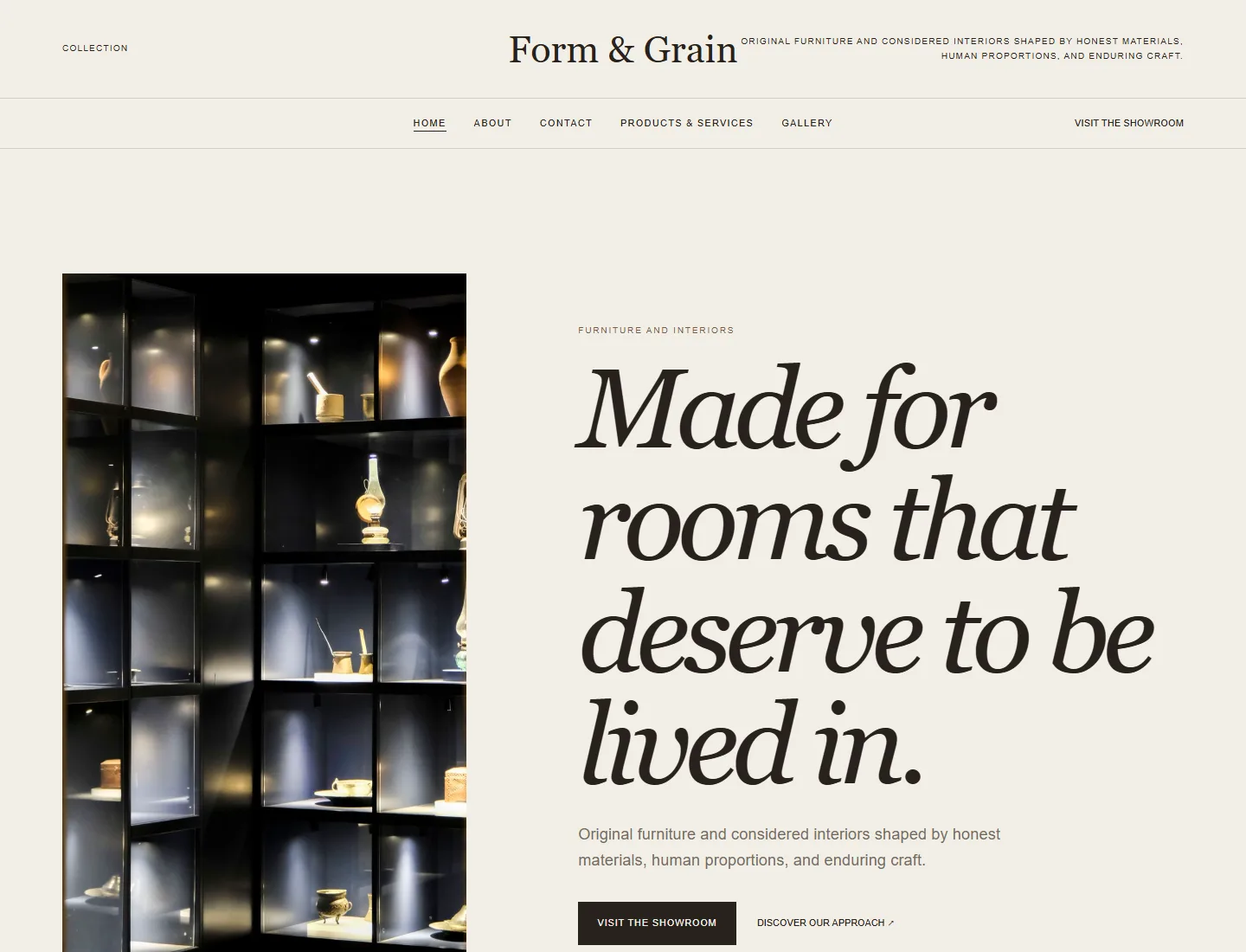 Furniture Studio template preview. An example company site rendered with this template.