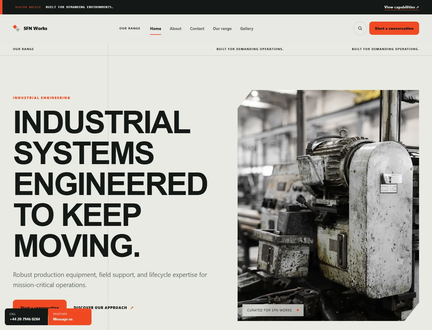 Industrial Works template preview. An example company site rendered with this template.