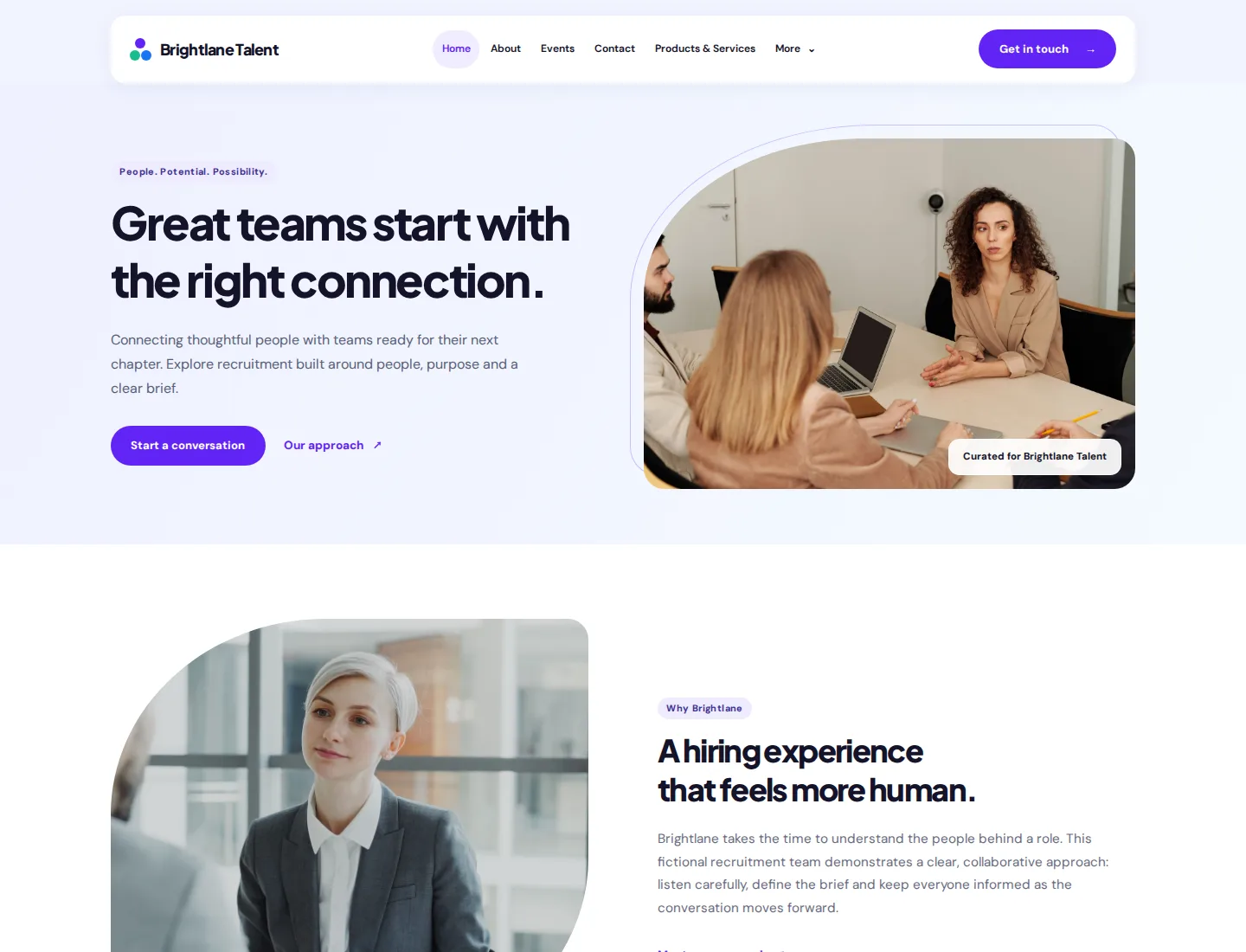 Recruitment & Staffing template preview. An example company site rendered with this template.