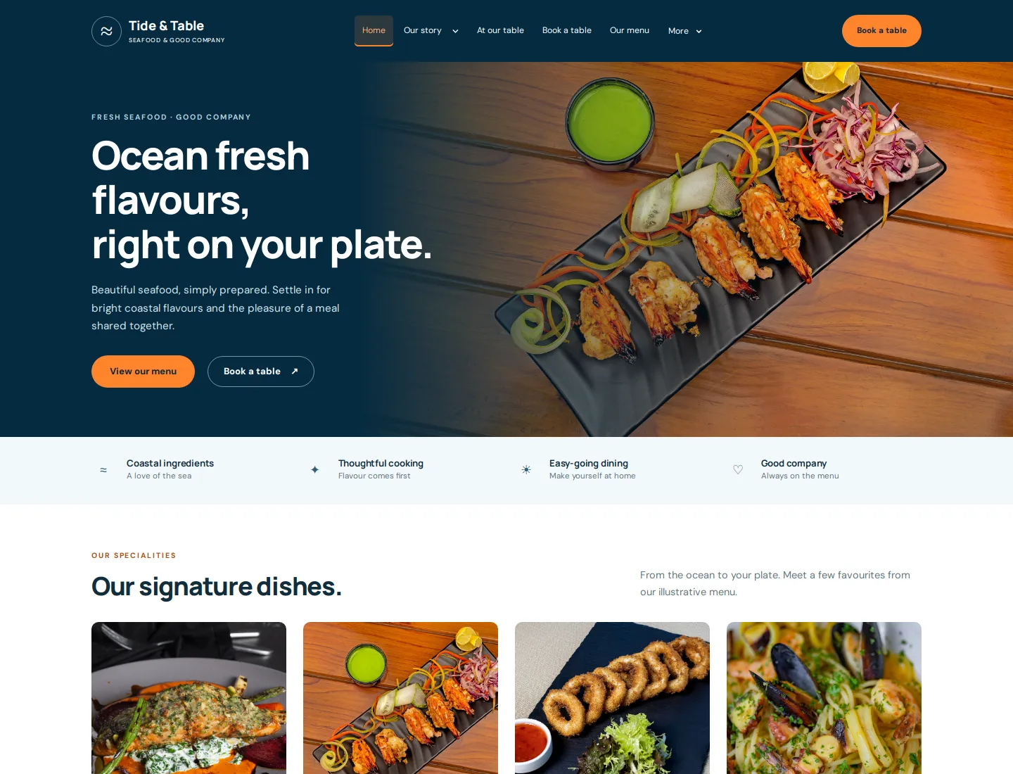 Seafood Restaurant template preview. An example company site rendered with this template.