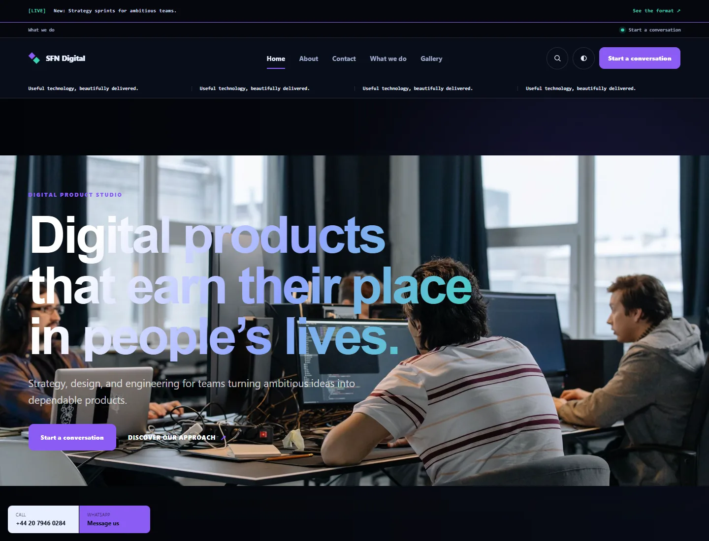 Tech Agency template preview. An example company site rendered with this template.