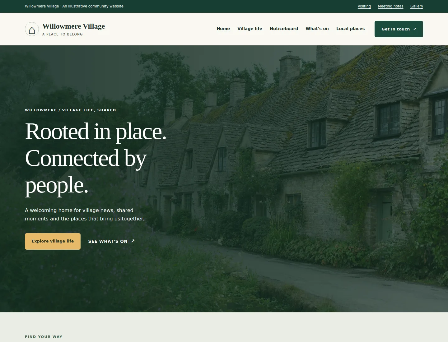 Village Commons template preview. An example company site rendered with this template.