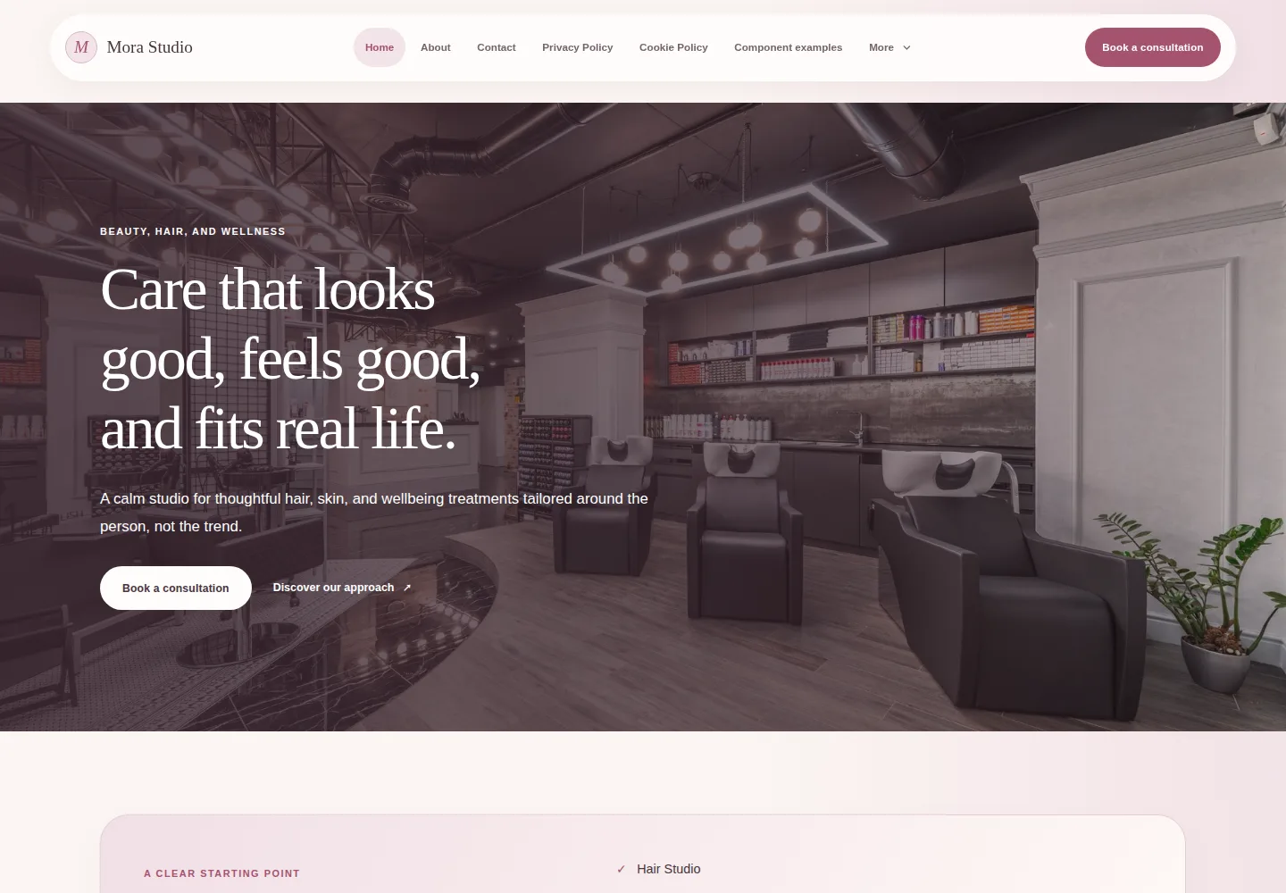 Wellness & Beauty template preview. An example company site rendered with this template.